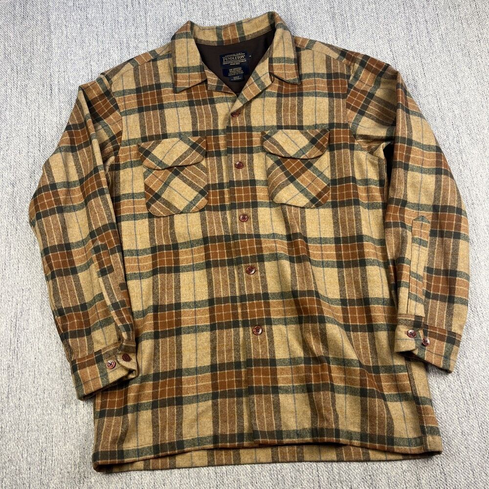Pendleton The Original Board Shirt Men M Tan Brown Plaid Wool Flannel Surf Shirt